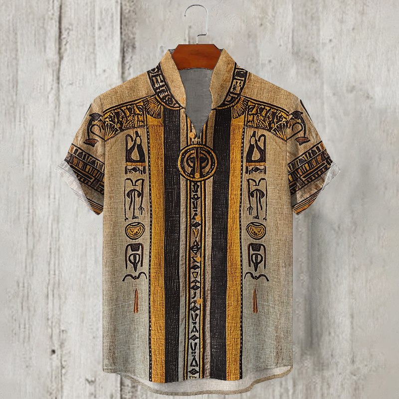 Ancient Egyptian Patchwork V-neck Linen Shirt