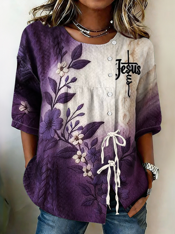 Women'S Faith Flower Art Printed Cotton Linen Casual Shirt