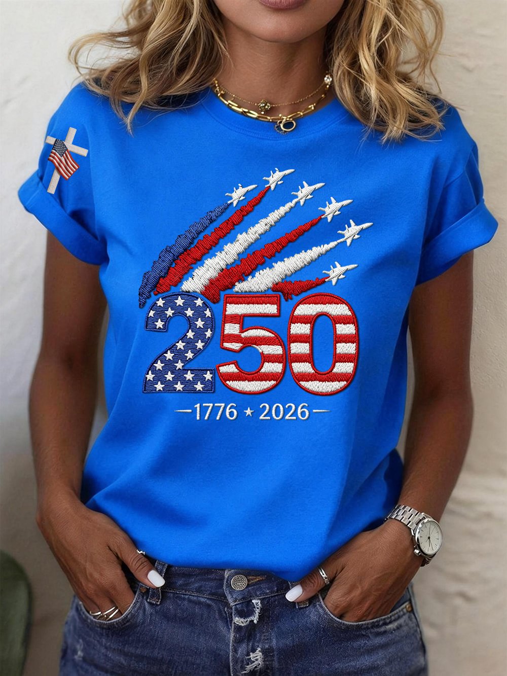 Women’s USA 250th Anniversary Embroidered Print Crew Neck Short Sleeve T-Shirt