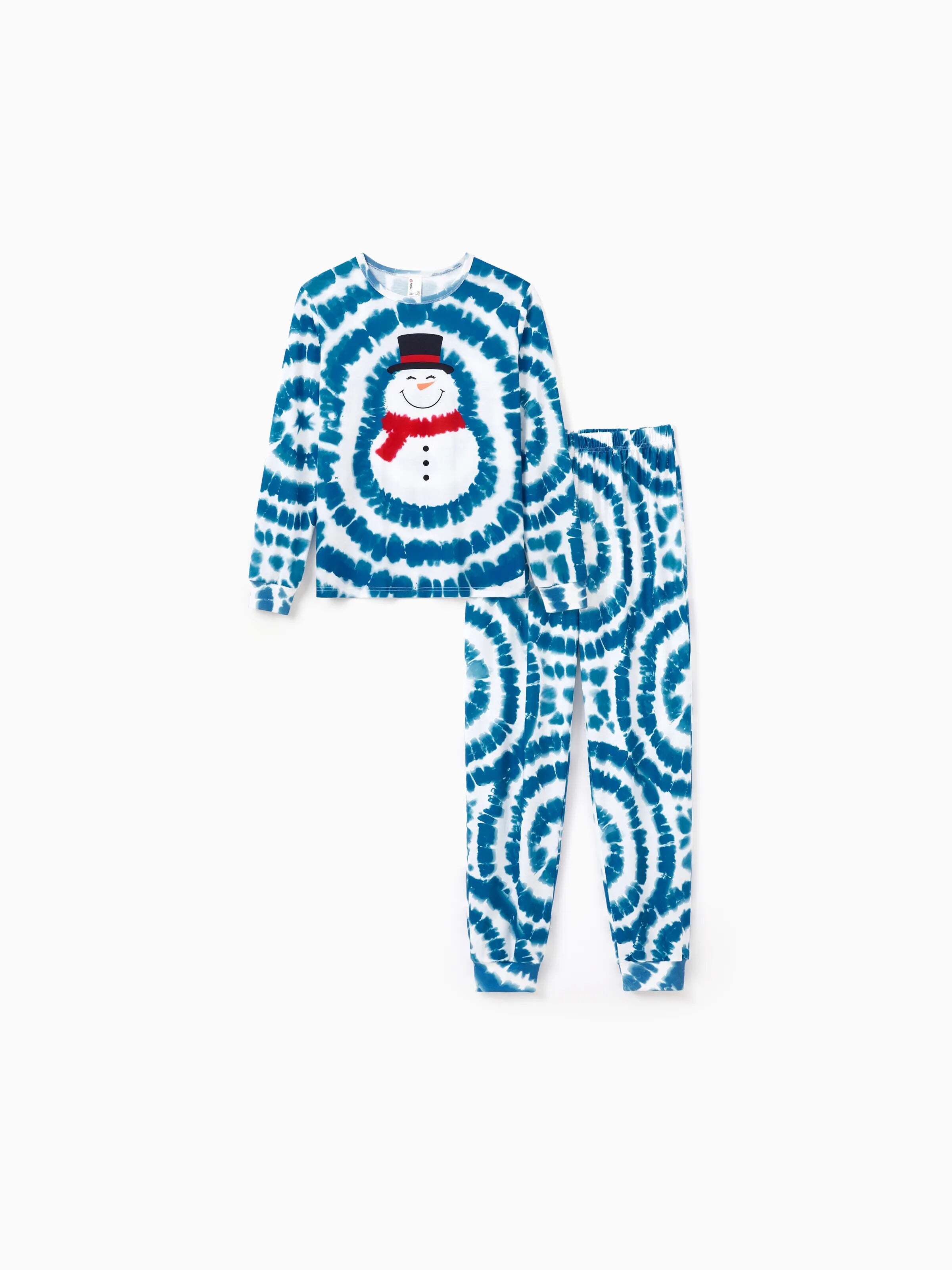 Christmas Matching Family Pajamas Set Tie-dye Snowman Print Blue PJS with Christmas Socks Deep Blue
