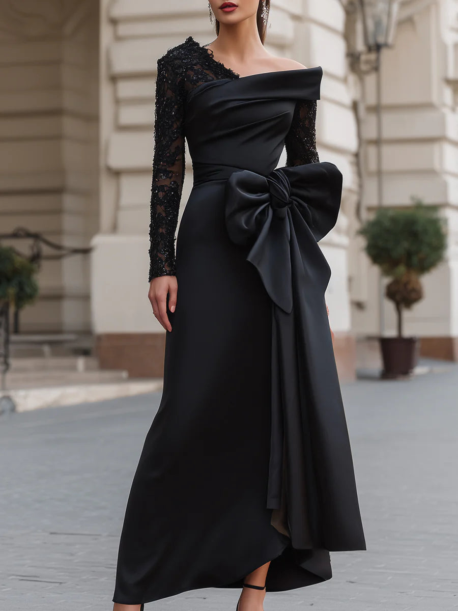 Asymmetrical Off-Shoulder Dress With Sequin Lace And Satin Bow