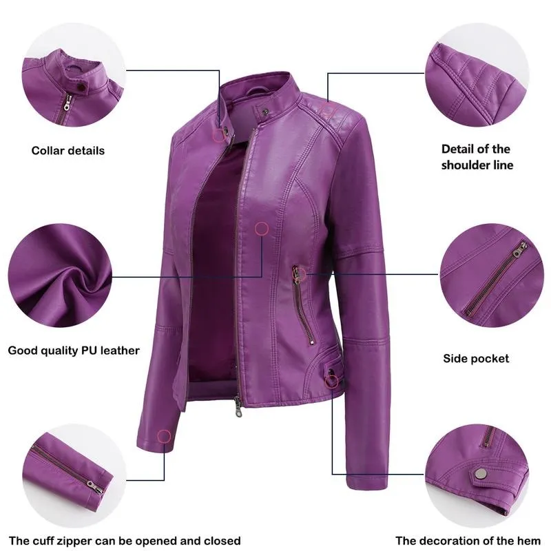 Women's Slim Fit Faux Leather Jacket Stand Collar Motorcycle Style Spring Autumn