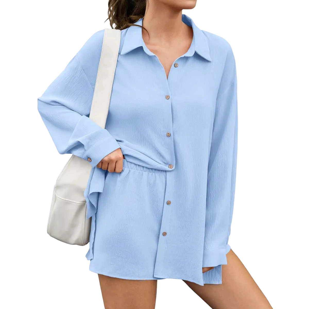 Womens Gauze Shirt & Shorts Set 2-in-1 Button Connected Oversized Long Sleeve Button-Down Top with Attachable Safety Shorts