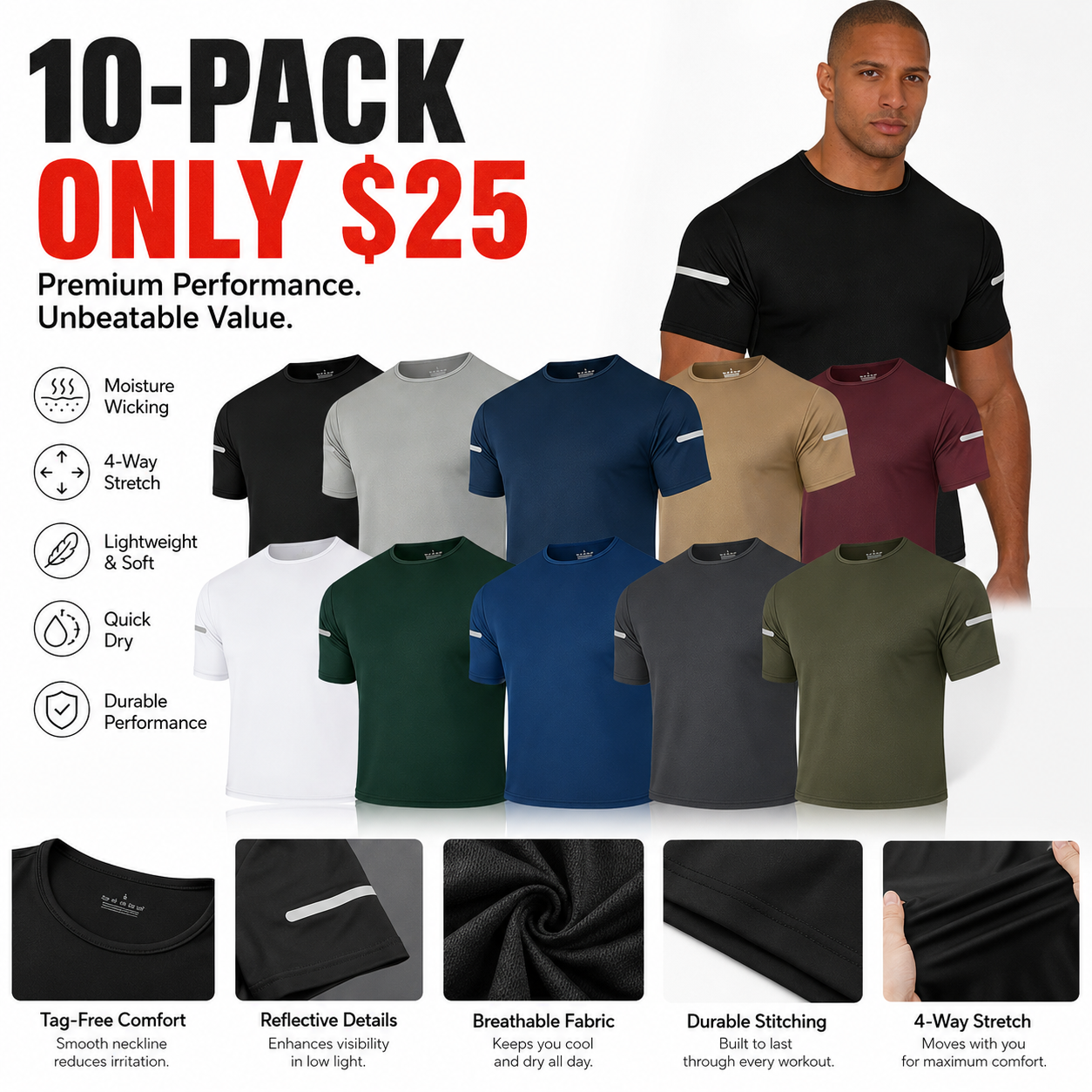 7-pack men's printed reflective striped sports T-shirts, quick-drying and breathable