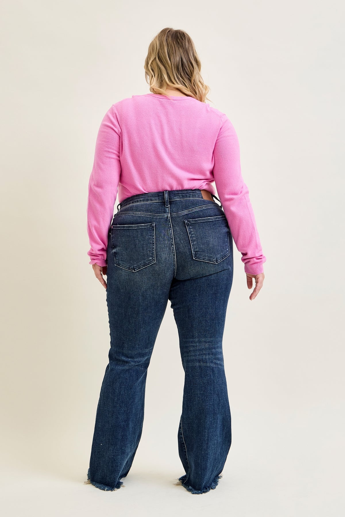 Amanda Mid Rise Flare Jeans with Distressed Knee & Frayed Hem - PLUS