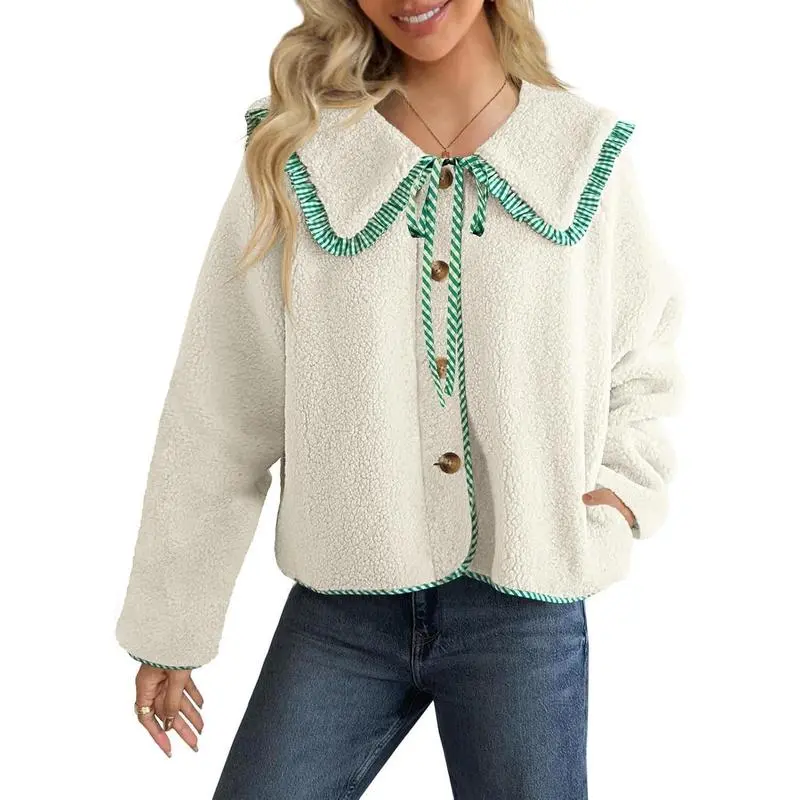 Womens Fuzzy Fleece Jacket Peter Pan Collar Button Down Fall Winter Sherpa Coats