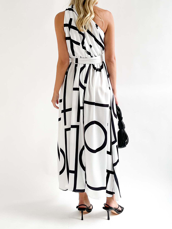 Bandage Contrast Color Hollow Printed Loose Sleeveless One-Shoulder Midi Dresses