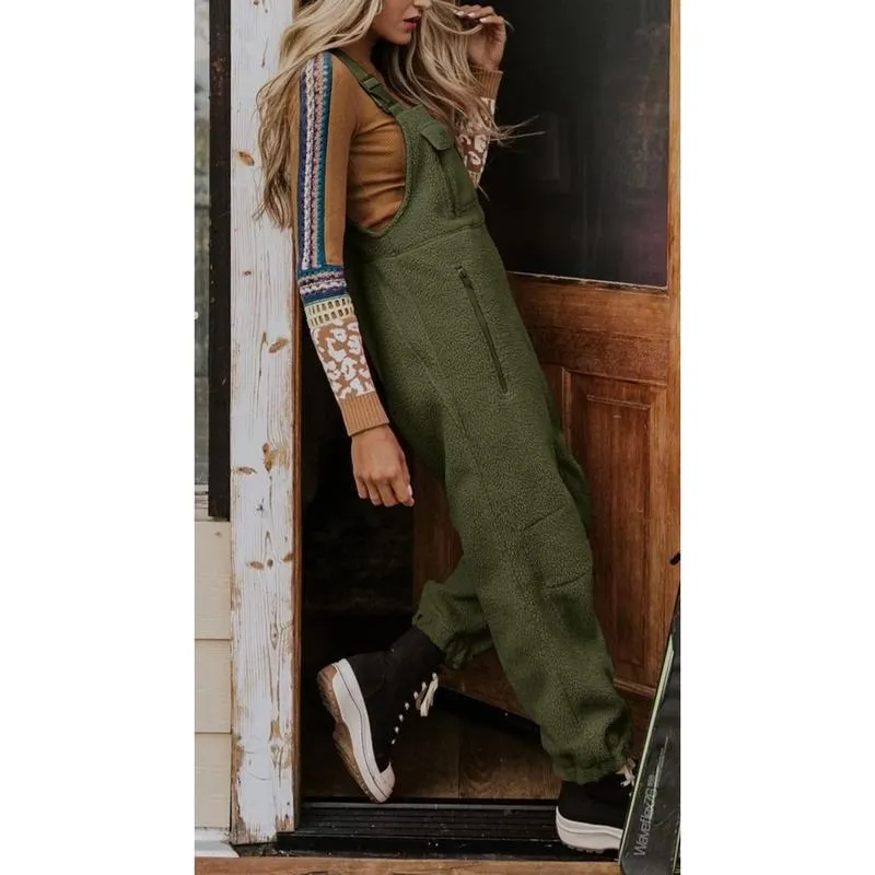 Women's Fleece Warm Overalls Winter Loose Casual Jumpsuits with Pockets