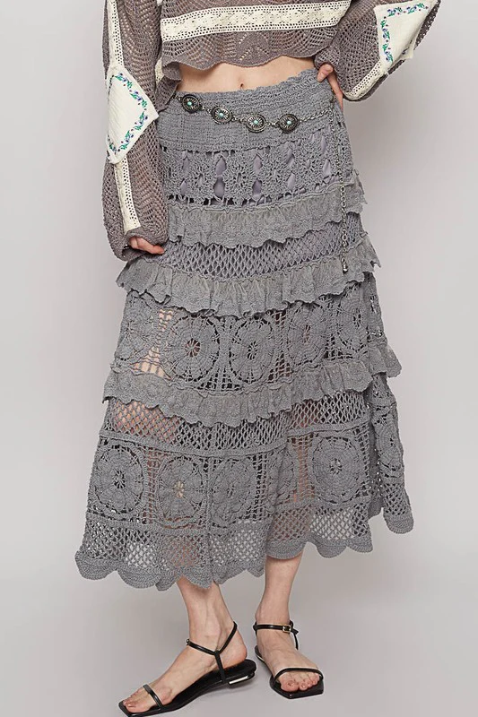 Crochet Lace Ruffled Midi Skirt
