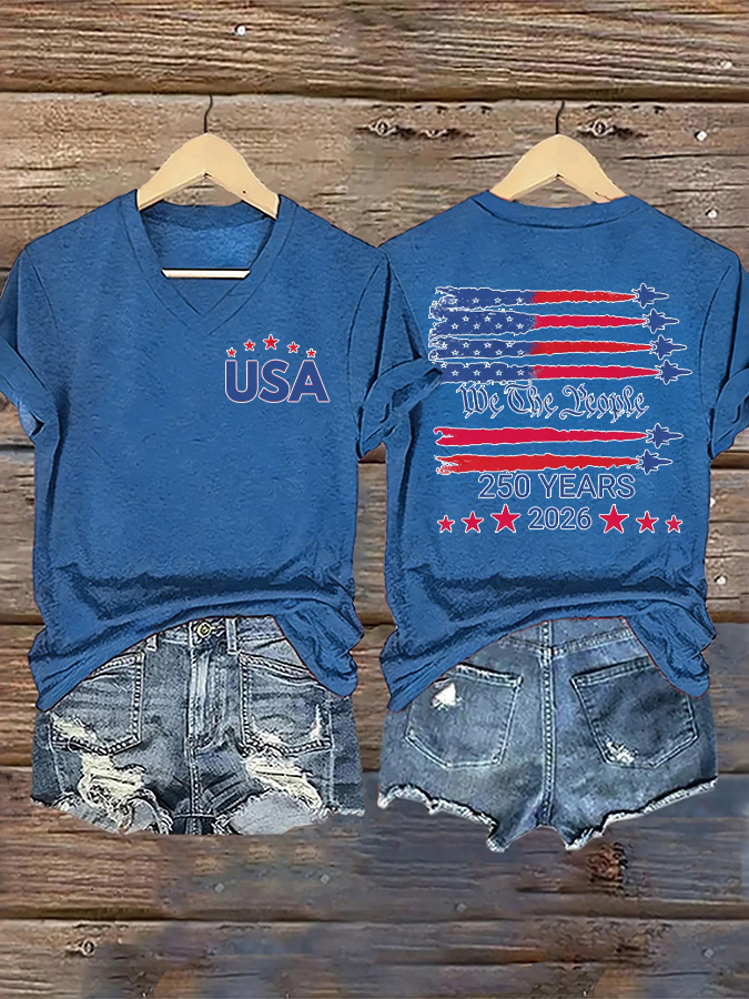 Women'S Casual Flag Printed V-Neck T-Shirt