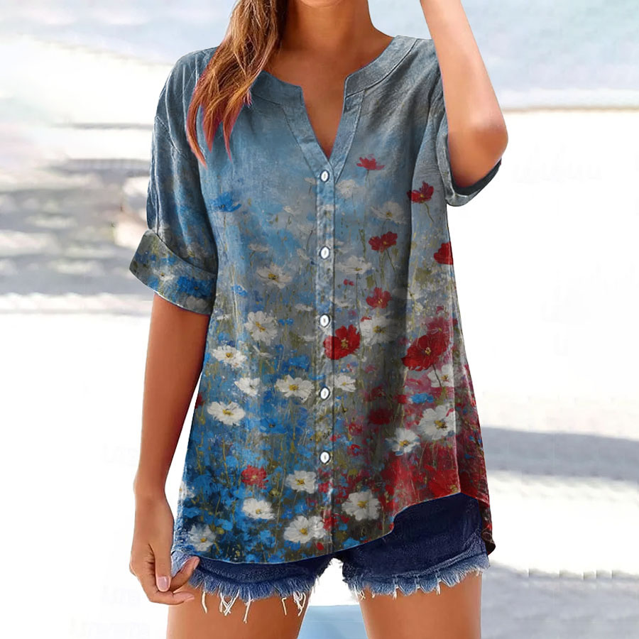 Women's Vintage Flag Flowers Print Button-Down Shirt