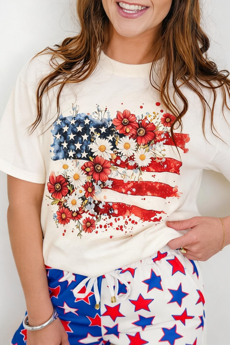 Plus/Reg Short Sleeve Floral American Flag Graphic Tee