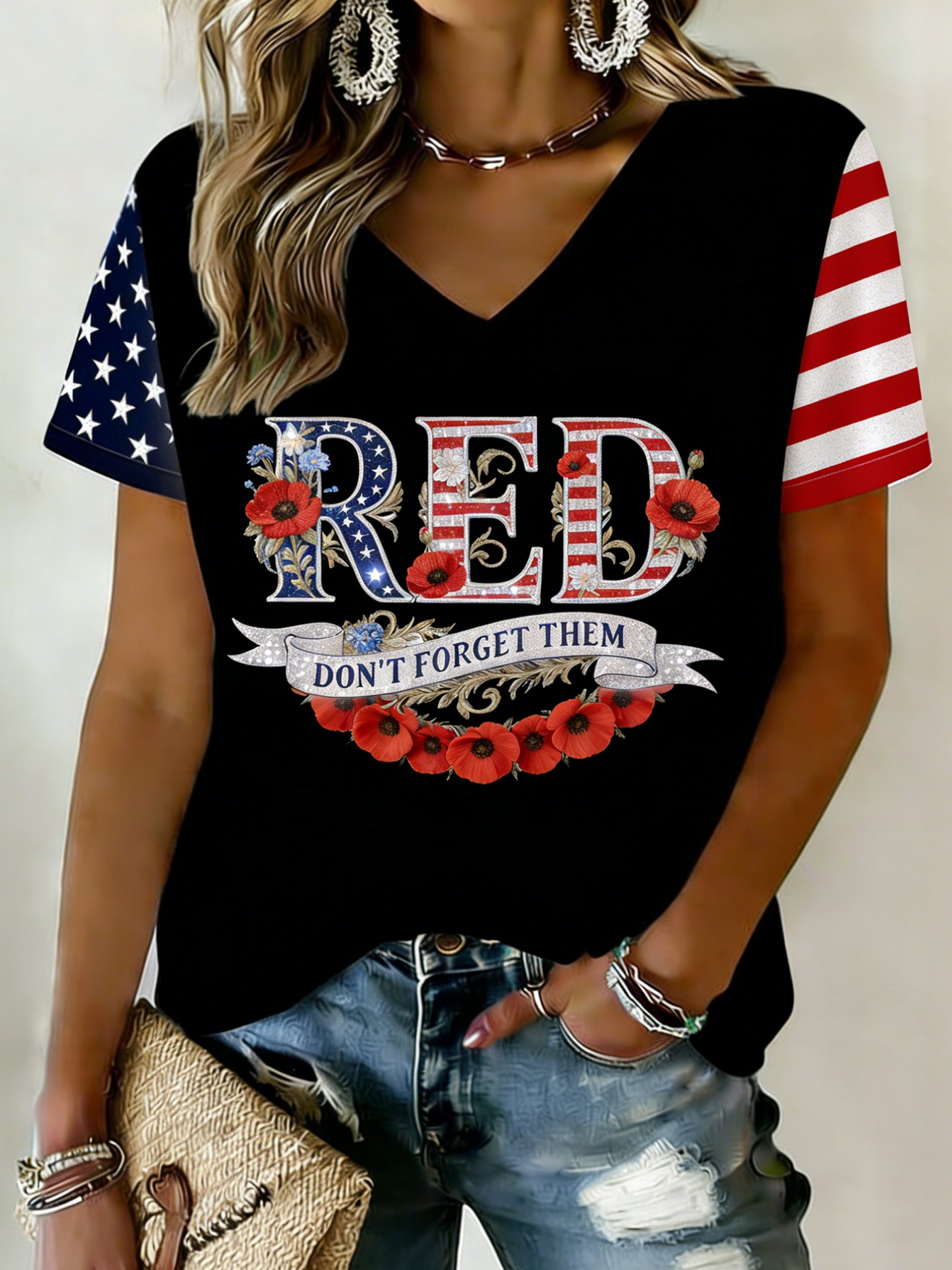 Women's Red Friday Printed V-Neck T-Shirt
