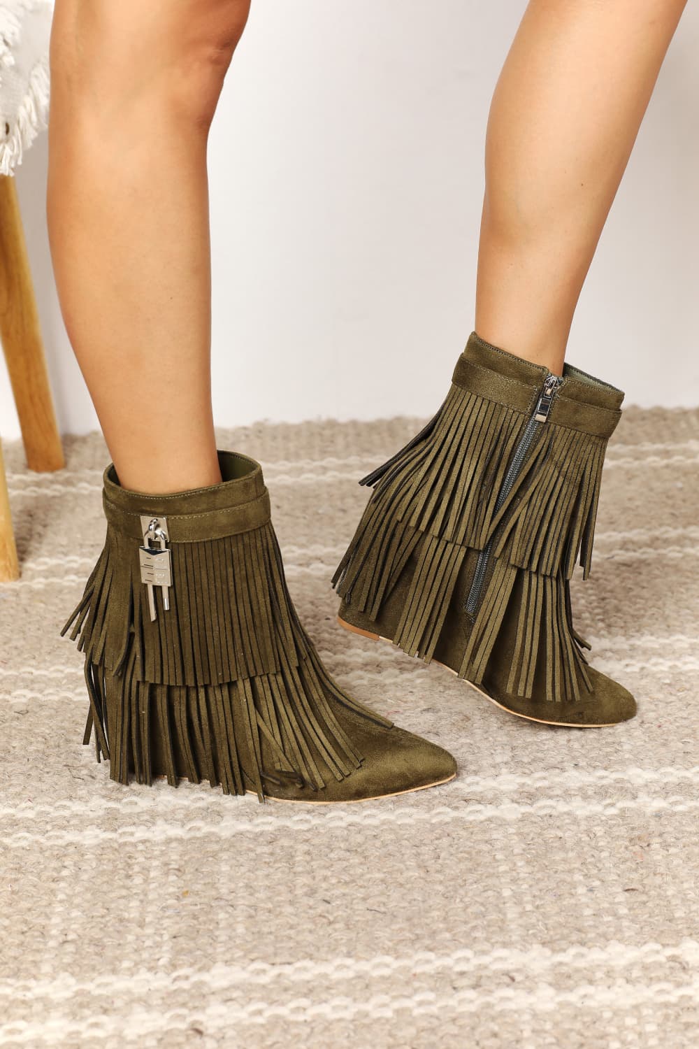 Desert Sunset Tassel Wedge Heel Ankle Booties in Olive