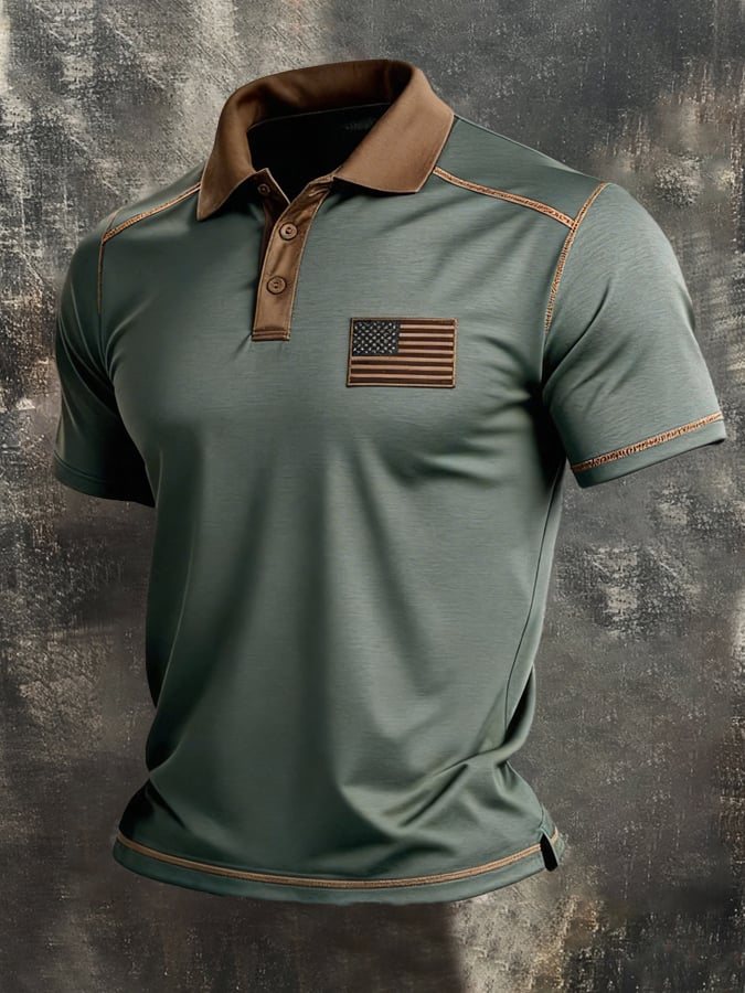 Men's Retro Patriot Color Block Polo Collar Short Sleeve
