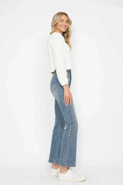 Blue Full Size Tummy Control Back Embroidered Pocketed Bootcut Jeans - Multiple Lengths