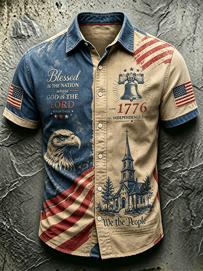 Men'S Casual American 250Th Anniversary Personalized Printed Lapel Shirt