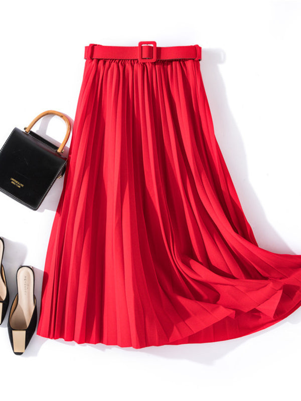 Pleated Skirt Mid-Length High Belt Versatile A-Line Skirt