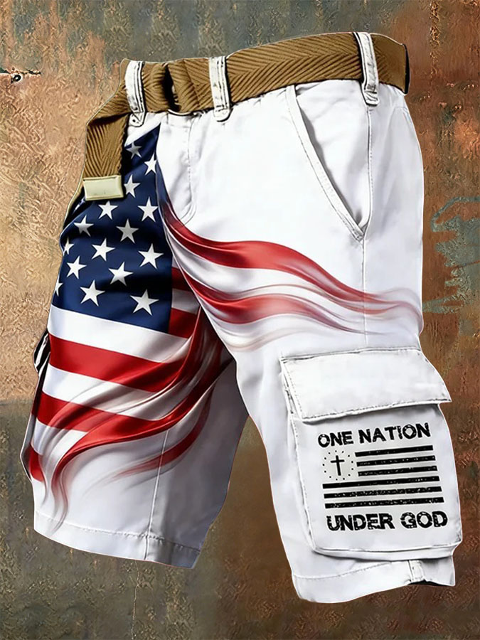 Men'S Retro American Flag Independence Day Multi Pocket Printed Workwear Shorts (Without Waistband)