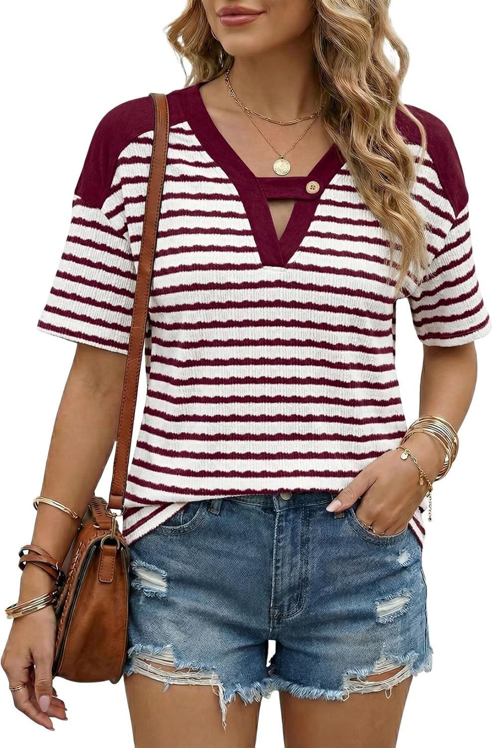 Women's Tops Summer Casual Short Sleeve Shirts V Neck Striped Color Block T-Shirts Blouses