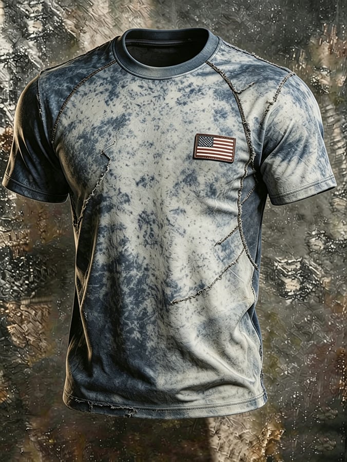 Men's Printed Crew Neck T-Shirt — American Flag Patch, Raw-Edge Splicing & Stitching; Casual, Slim-Fit, Athletic-Style American Streetwear Short-Sleeve Top