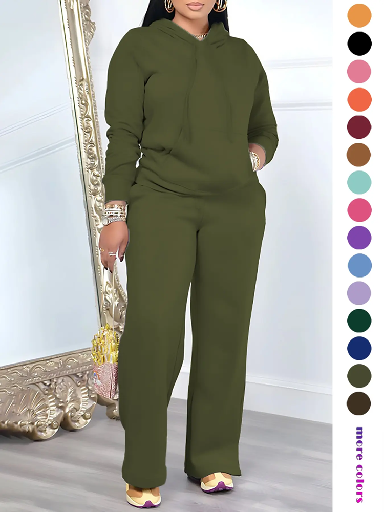 🔥Two-Piece Set Women's Solid Drawstring Hoodie & High Waist Pants Set, Casual Long Sleeve Pocket Hooded Sweatshirt & Straight Leg Trousers for Spring & Fall, Ladies' Clothes for Daily Wear