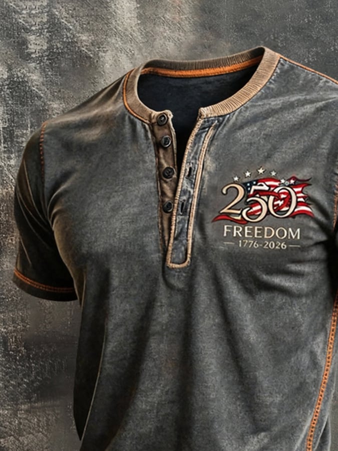 Men's Vintage Independence Day Patriot Henley T-Shirt