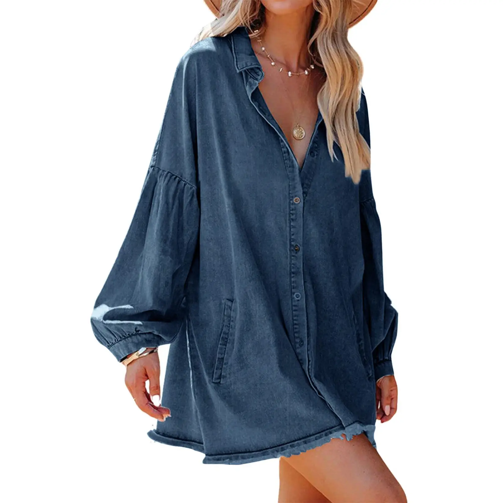 Women's Oversized Distressed Denim Jacket with Pockets
