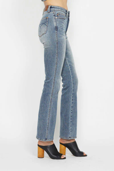 Blue Full Size Tummy Control Back Embroidered Pocketed Bootcut Jeans - Multiple Lengths