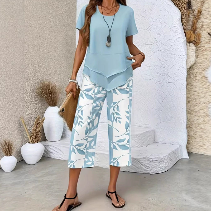 👗LIMITED-TIME 50% OFF! 🍃 Casual 2-Piece Set – Layered Tunic Top & Printed Wide-Leg Pants, Lightweight Polyester 🌸