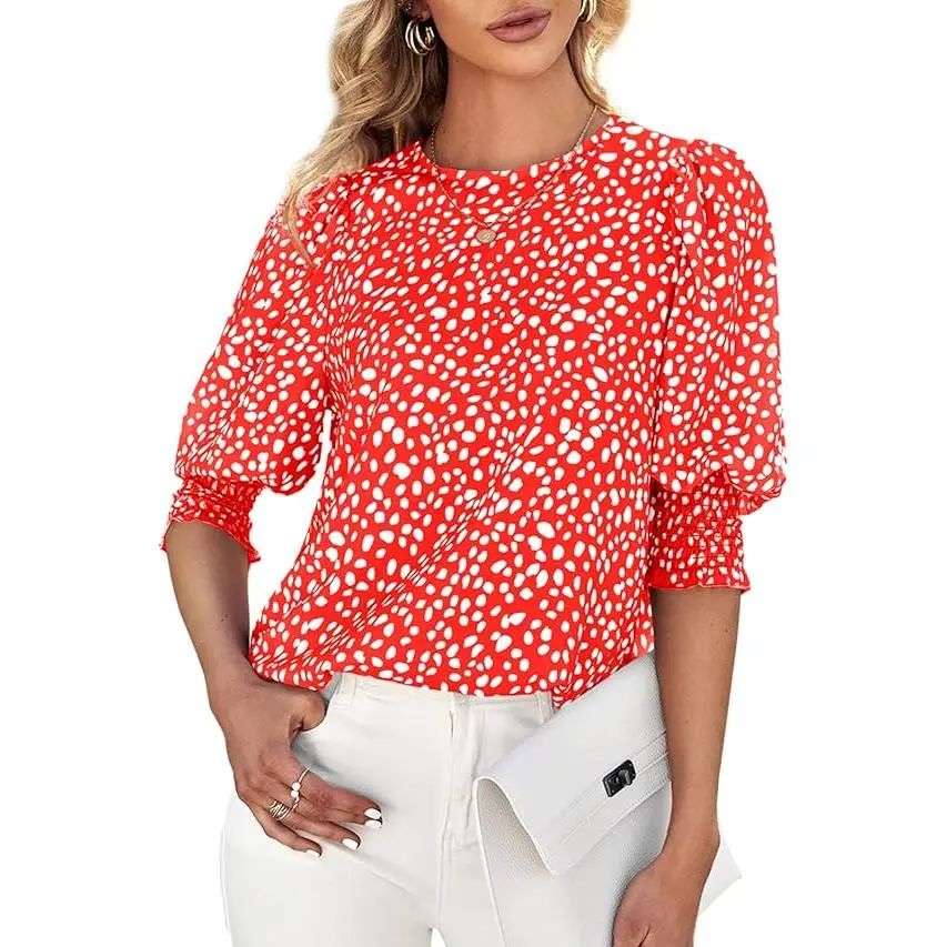 Women's Polka Dot 3/4 Sleeve Blouse Tops Ladies Casual Office Work Crew Neck T-Shirt