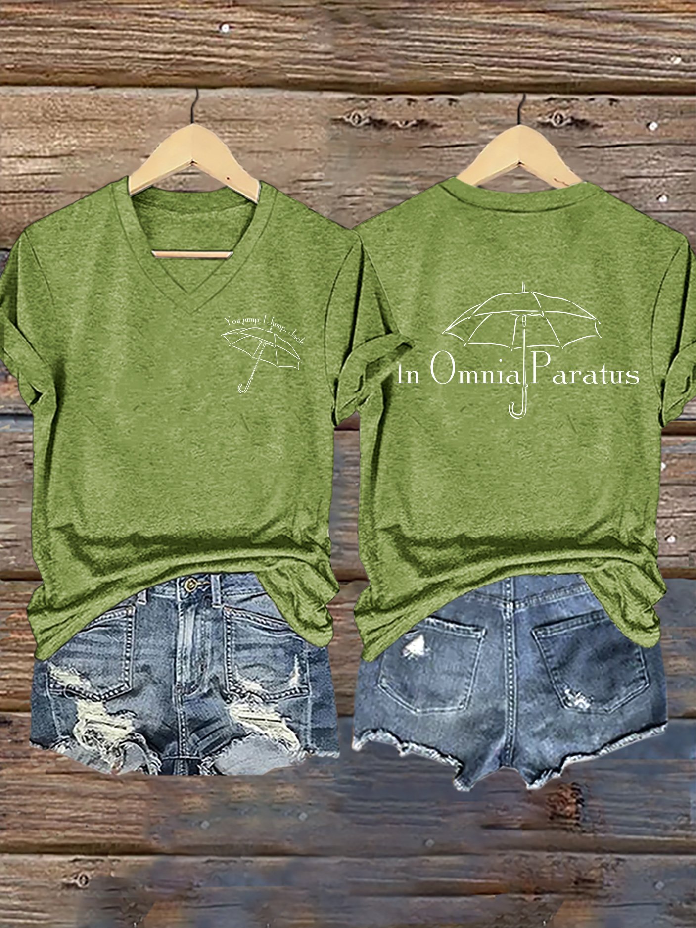 🔥HOT SALE🔥V-Neck Retro Fall You Jump, I Jump, Jack In Omnia Paratus Print T-Shirt