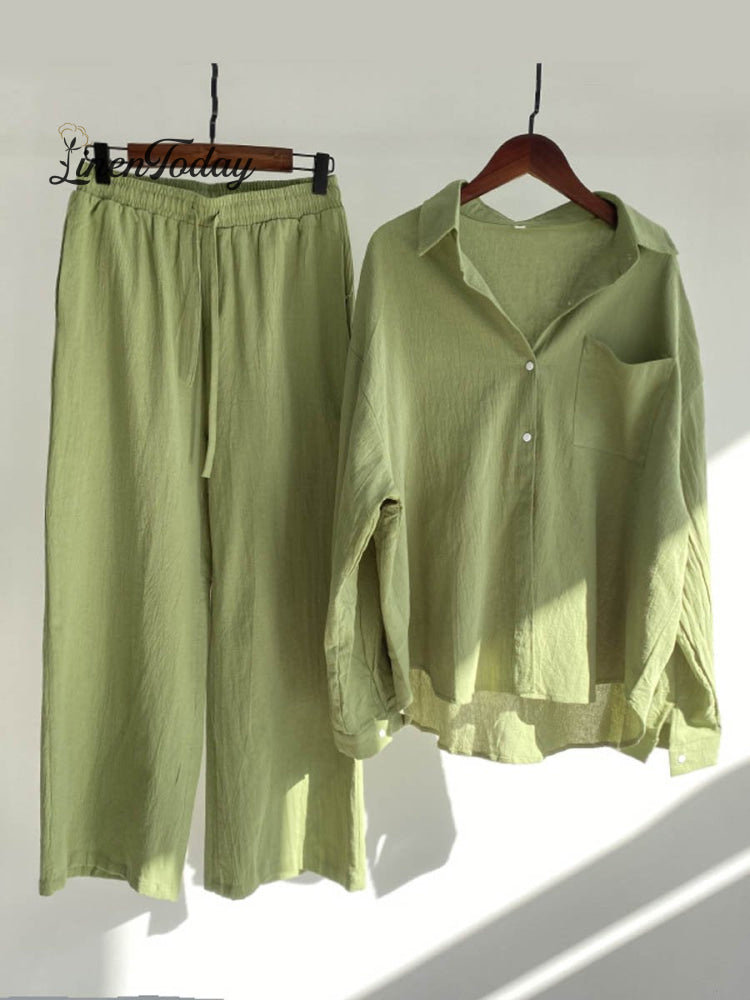 Women's Solid Color Loose Elegant High Waist Casual Cotton And Linen Suit