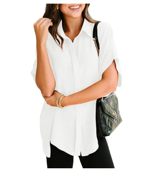 Women's Tops Dressy Casual V Neck Button Down Shirts Solid Short Sleeve Blouses Oversized Fit