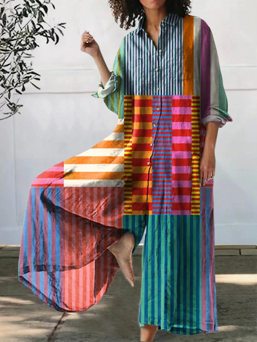 Women’s Colorful Patchwork Striped Cotton Linen 3/4 Sleeve Shirt