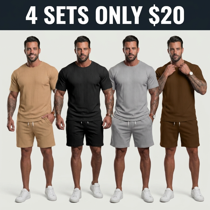 Men's Solid Textured Drop Shoulder Short Sleeve Tee & Drawstring Waist Shorts Set