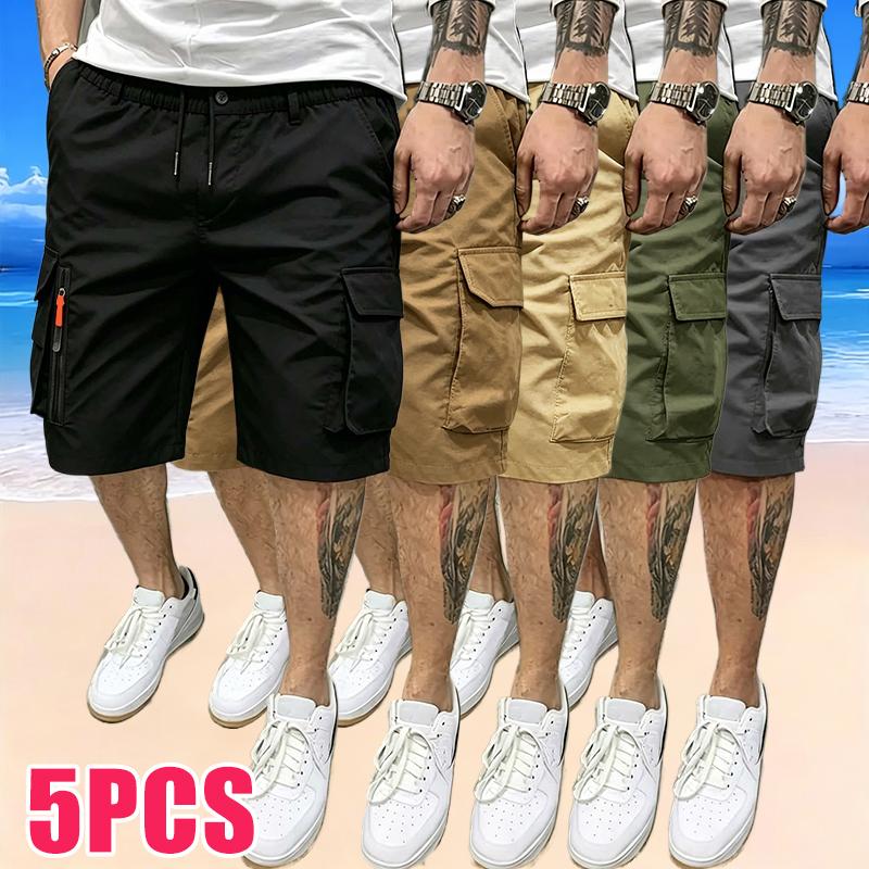 Men's Athletic-Casual Cargo Shorts — Multi-Pocket Design, Elastic Drawstring Waist, Decorative Faux Zipper