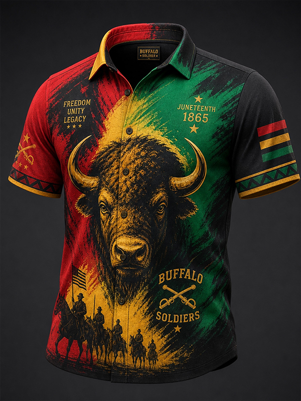 Men's Juneteenth Buffalo Colorblock Art Print Short Sleeve Shirt