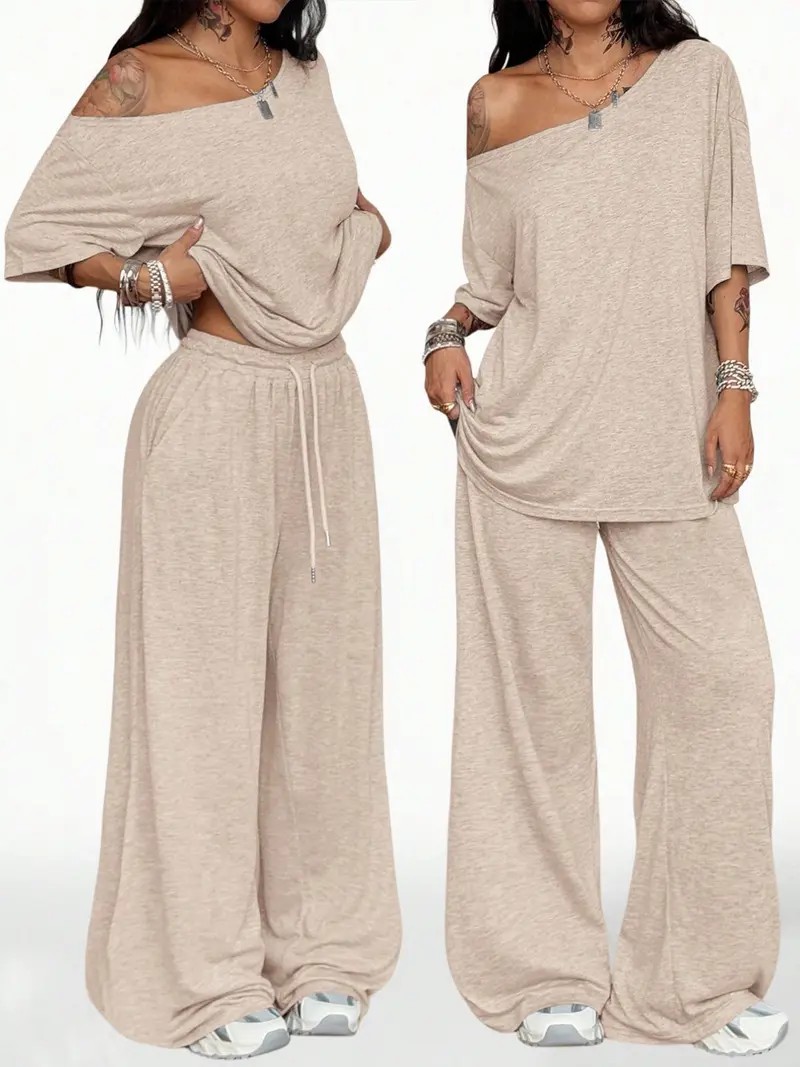 Women's Casual Solid Color Two-Piece Set – Slant Neck Wide Leg Pant Suit
