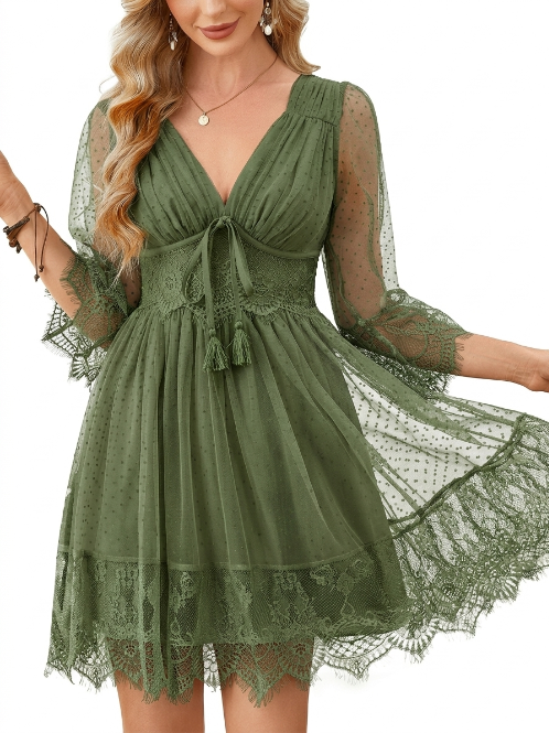 Boho Lace Deep V Bow Tie Mini Dress