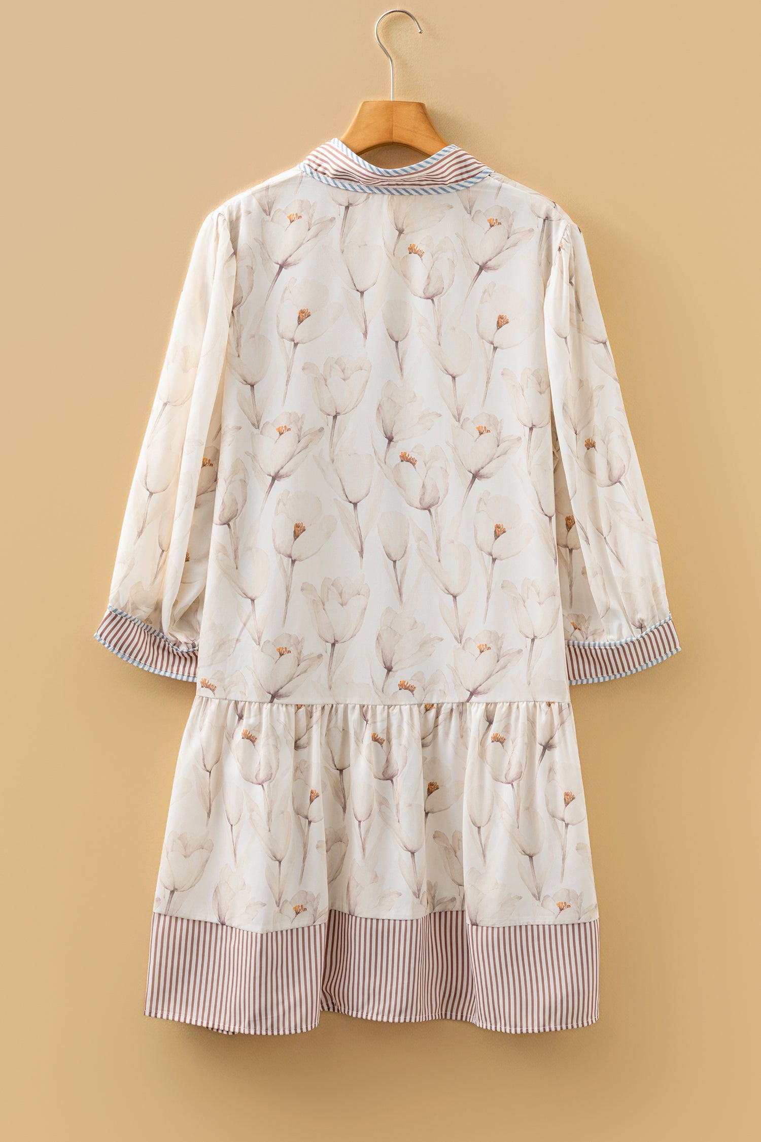 Khaki Plus Size Floral Striped Trim Patchwork Button Down A-line Dress