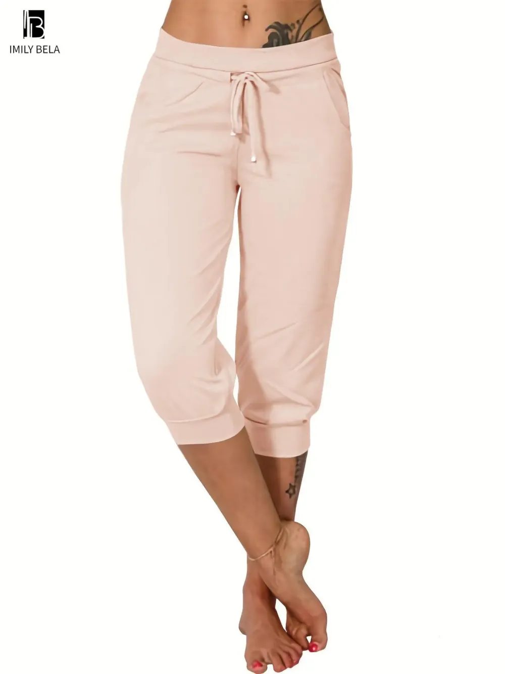 Women's Solid-Color Cropped Pants with Drawstring Waist — Casual Everyday Trousers with Pockets