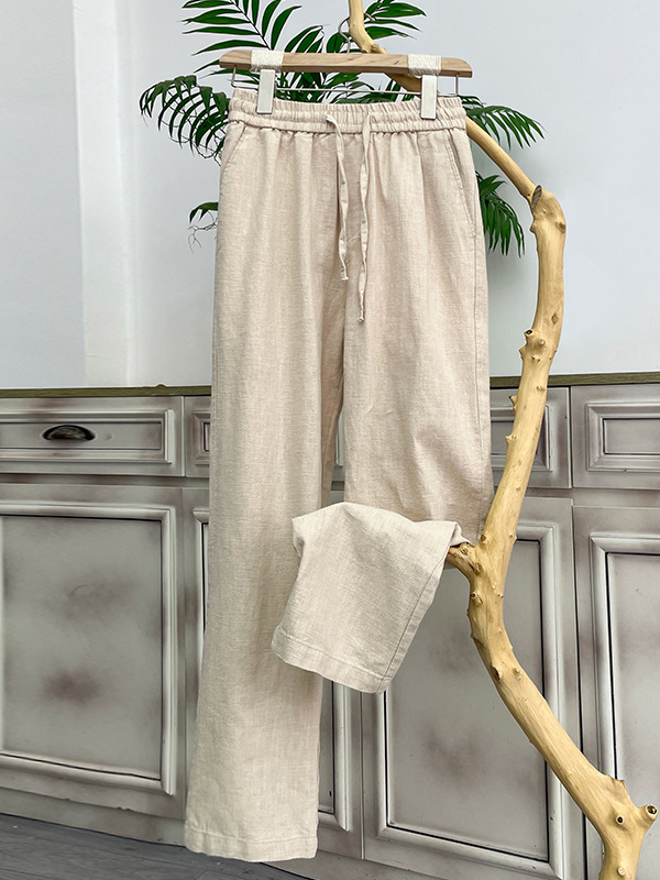 Men's Cotton Linen Plain Elastic Drawstring Waist Wide Leg Pants