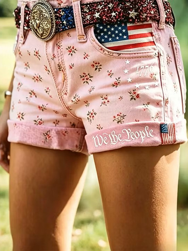 Women's Floral American 1776 We The People Art Print Casual Shorts