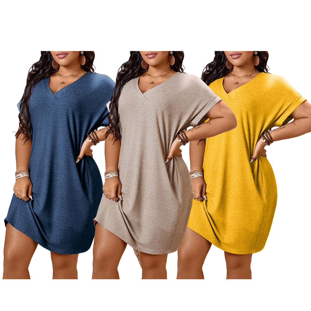 Plus Size Women's Loose T-Shirt Dress, V Neck & Batwing Sleeve Design