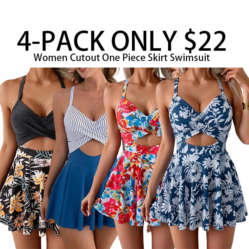 Women Cutout One Piece Skirt Swimsuit V Neck Wrap Tie Back Swimdress Tummy