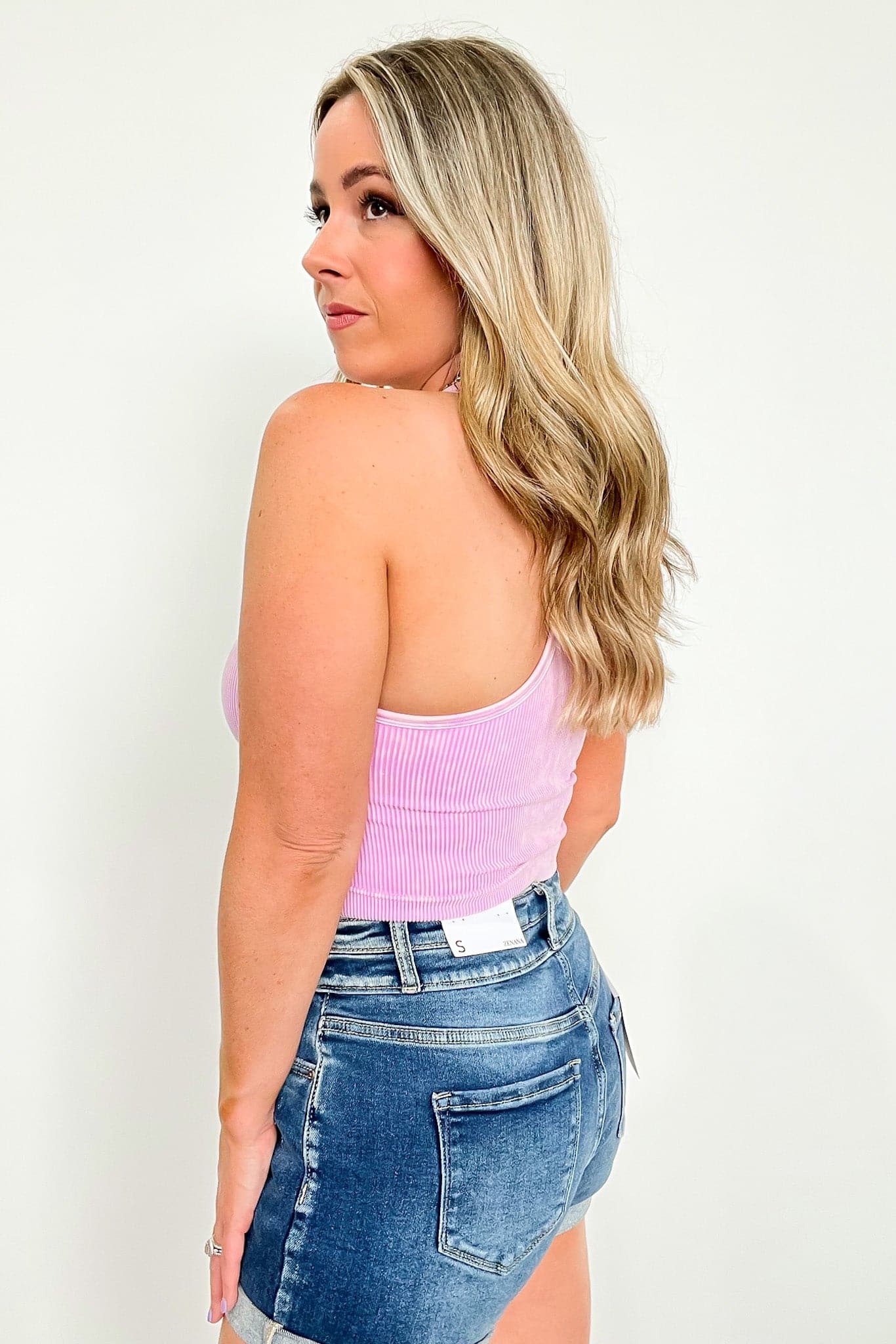 Washed Ribbed High Neck Cropped Tank Top