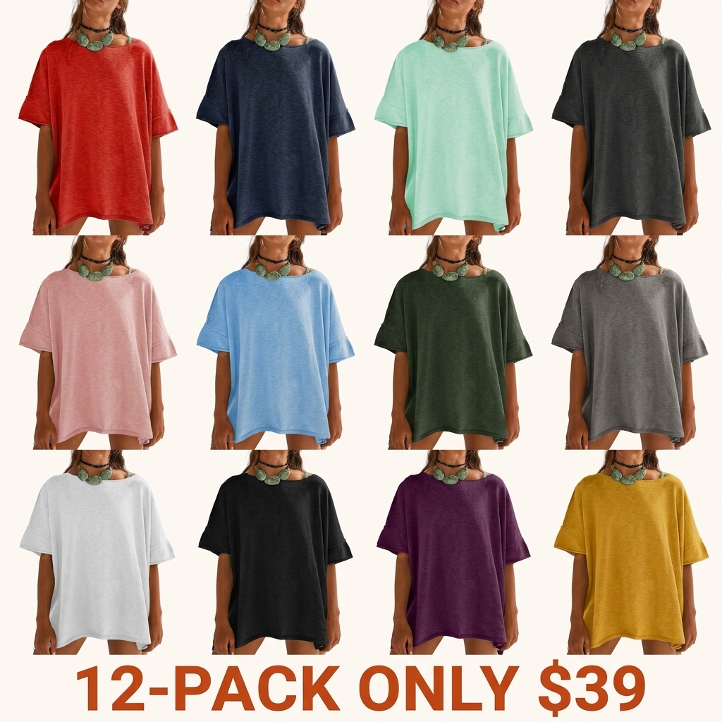 Women's Loose-Fit T-Shirt – Casual Summer Crew Neck Drop-Shoulder Short-Sleeve Top with Side-Slit Hem