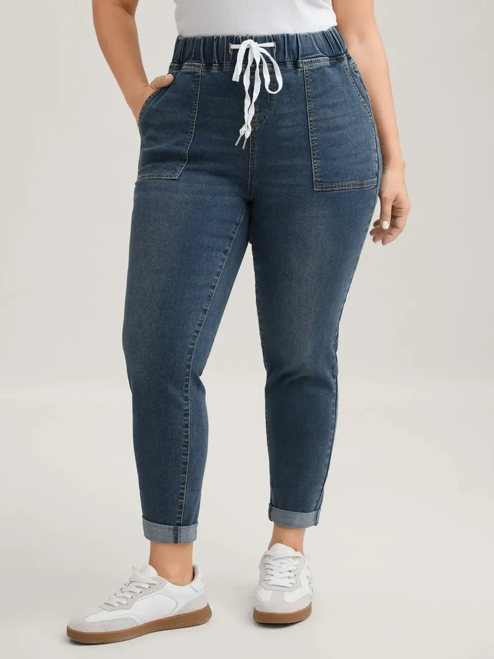 2026 Drawstring Elastic Waist Roll Hem Jeans