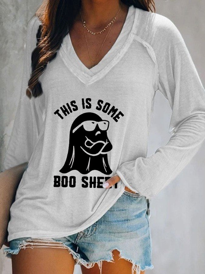 Women's Halloween This Is Some Boo Sheet Printed Casual Long Sleeve V-Neck T-Shirt